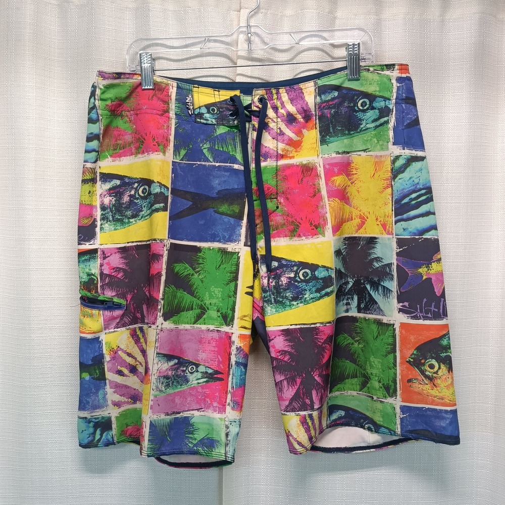 Salt Life SLX-QD Vapor Stretch Board Shorts Mens 34 Fish Palm Tree Beach Surf